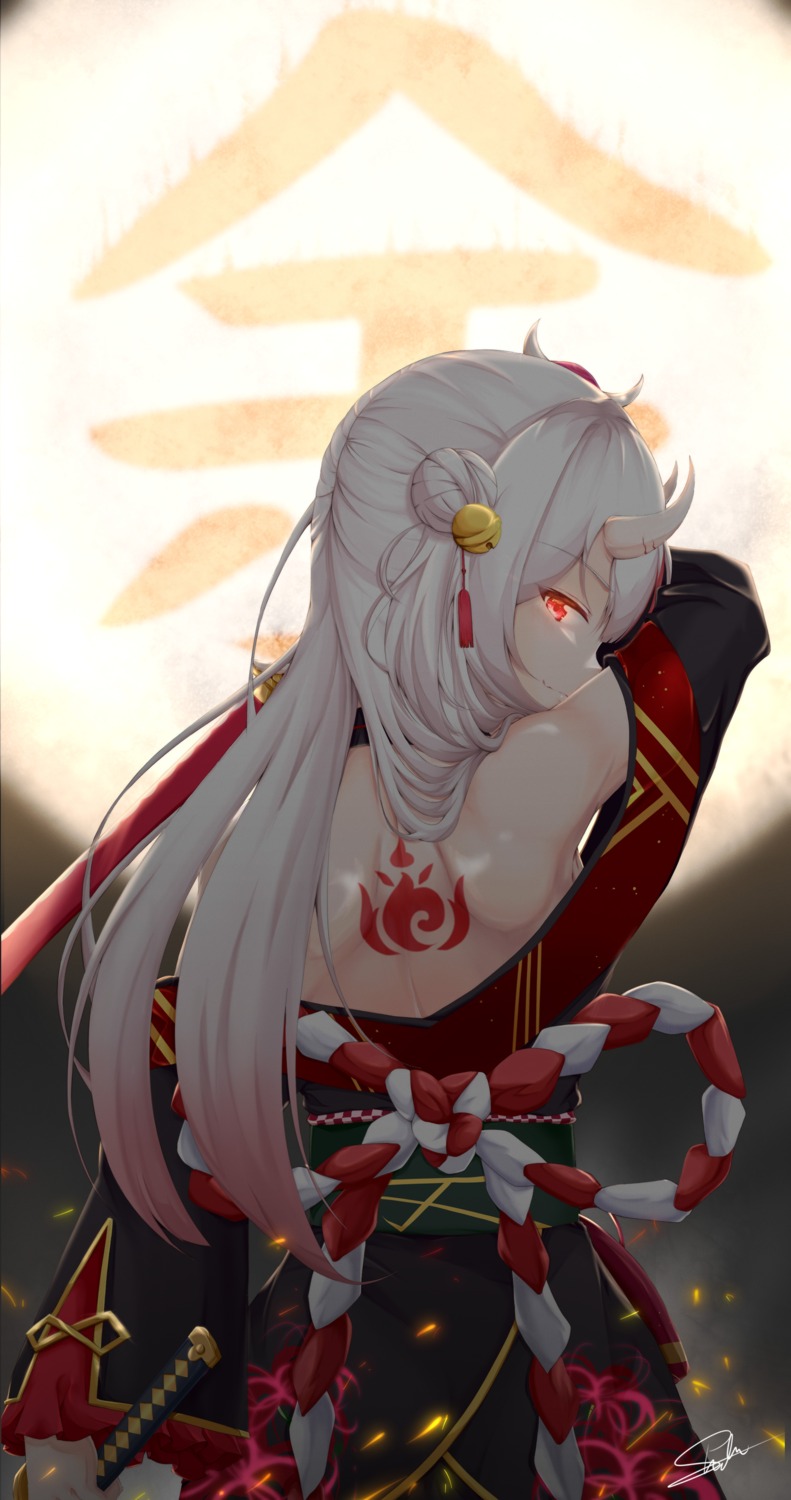 hololive, horns, japanese_clothes, nakiri_ayame, no_bra, shiinochi, sword, tattoo