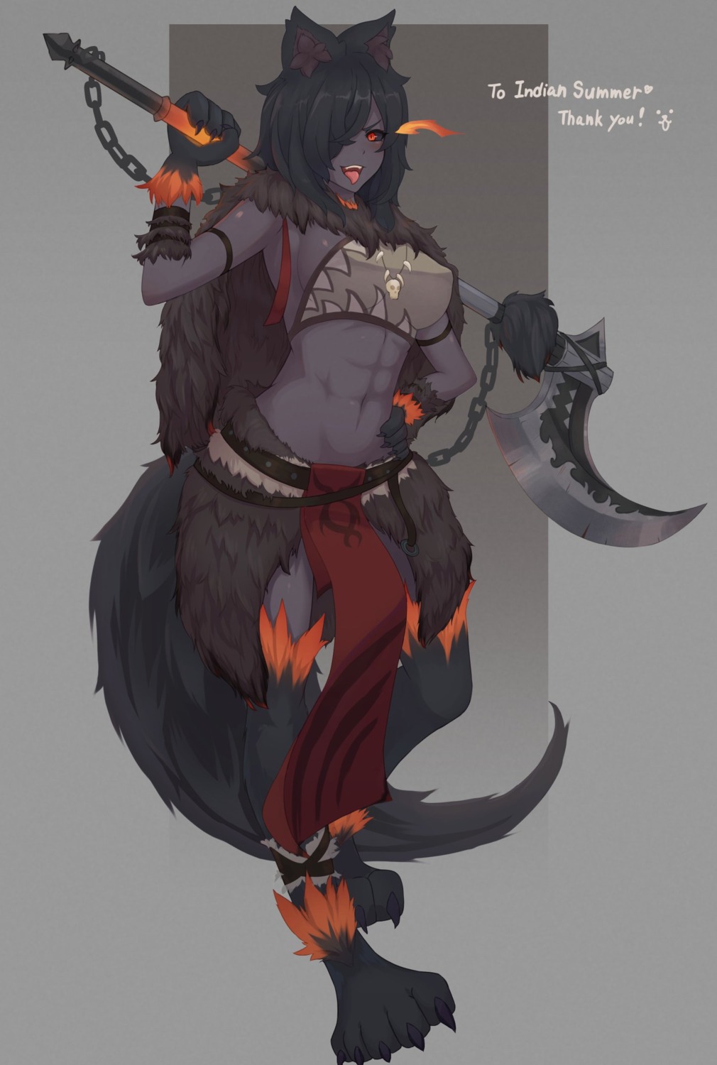 animal_ears, bell_orgel, hellhound_(monster_girl_encyclopedia), monster_girl, monster_girl_encyclopedia, no_bra, tail, weapon