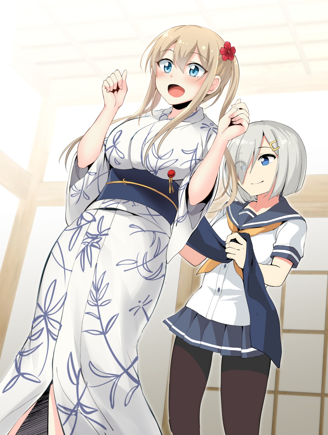 graf_zeppelin_(kancolle), hamakaze_(kancolle), ijima_yuu, kantai_collection, pantyhose, seifuku, yukata