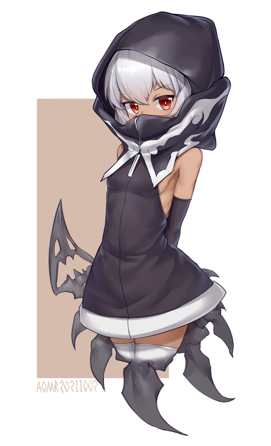 aomoro, black_rock_shooter, dress, no_bra, strength, thighhighs