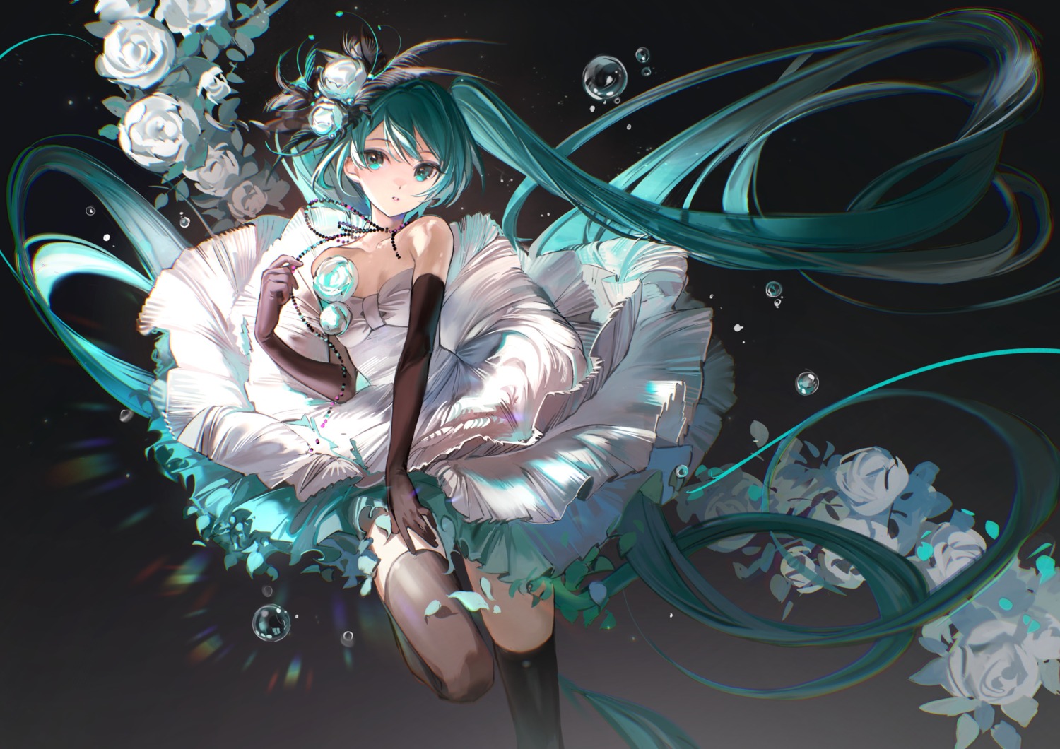 cleavage, dress, hatsune_miku, no_bra, rumoon, skirt_lift, thighhighs, vocaloid