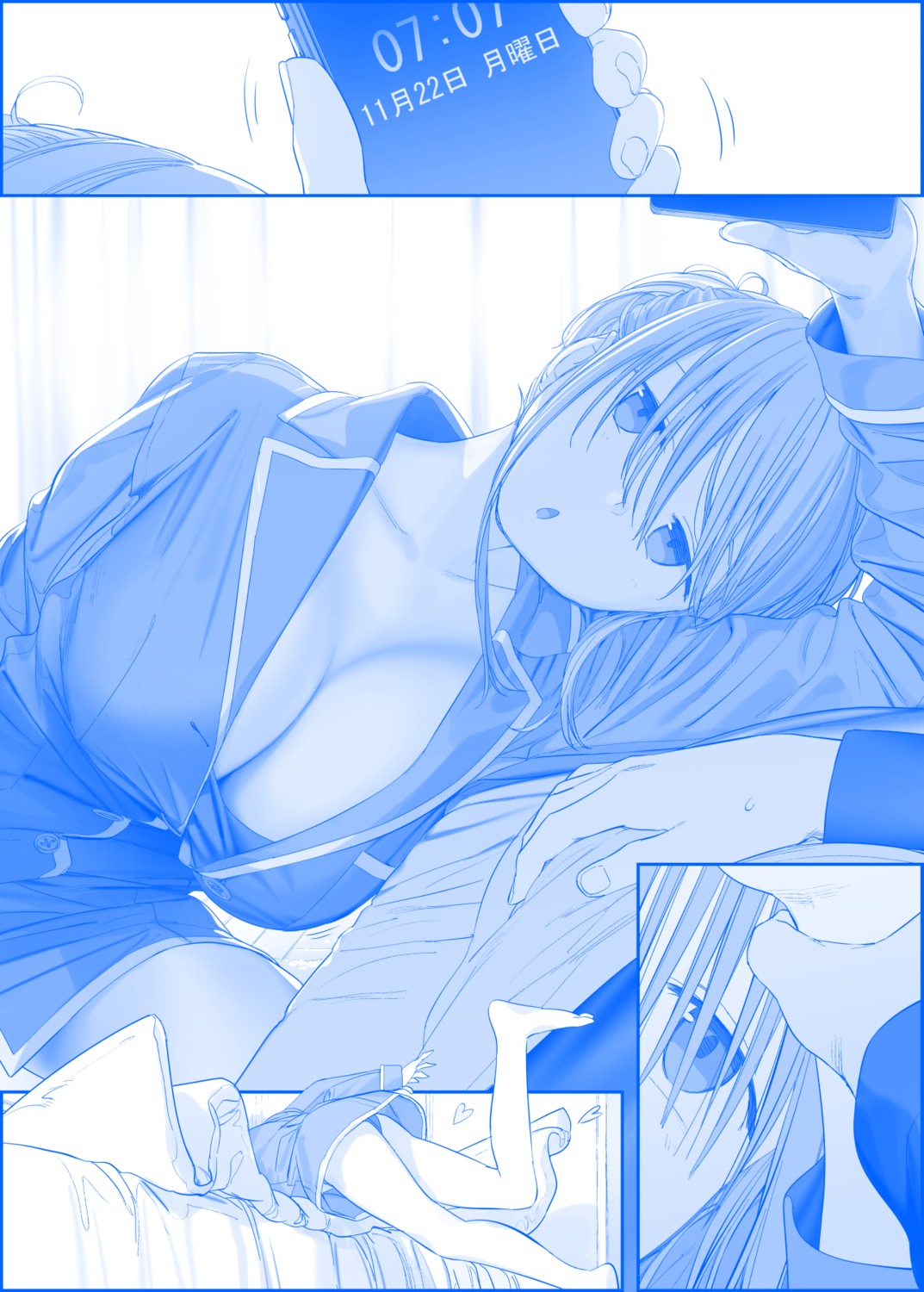bra, cleavage, getsuyoubi_no_tawawa, himura_kiseki, maegami-chan, monochrome, open_shirt, pajama, pantsu