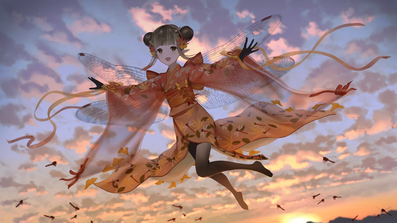 kimono, makkuro, pantyhose, pointy_ears, skirt_lift, wallpaper, wings