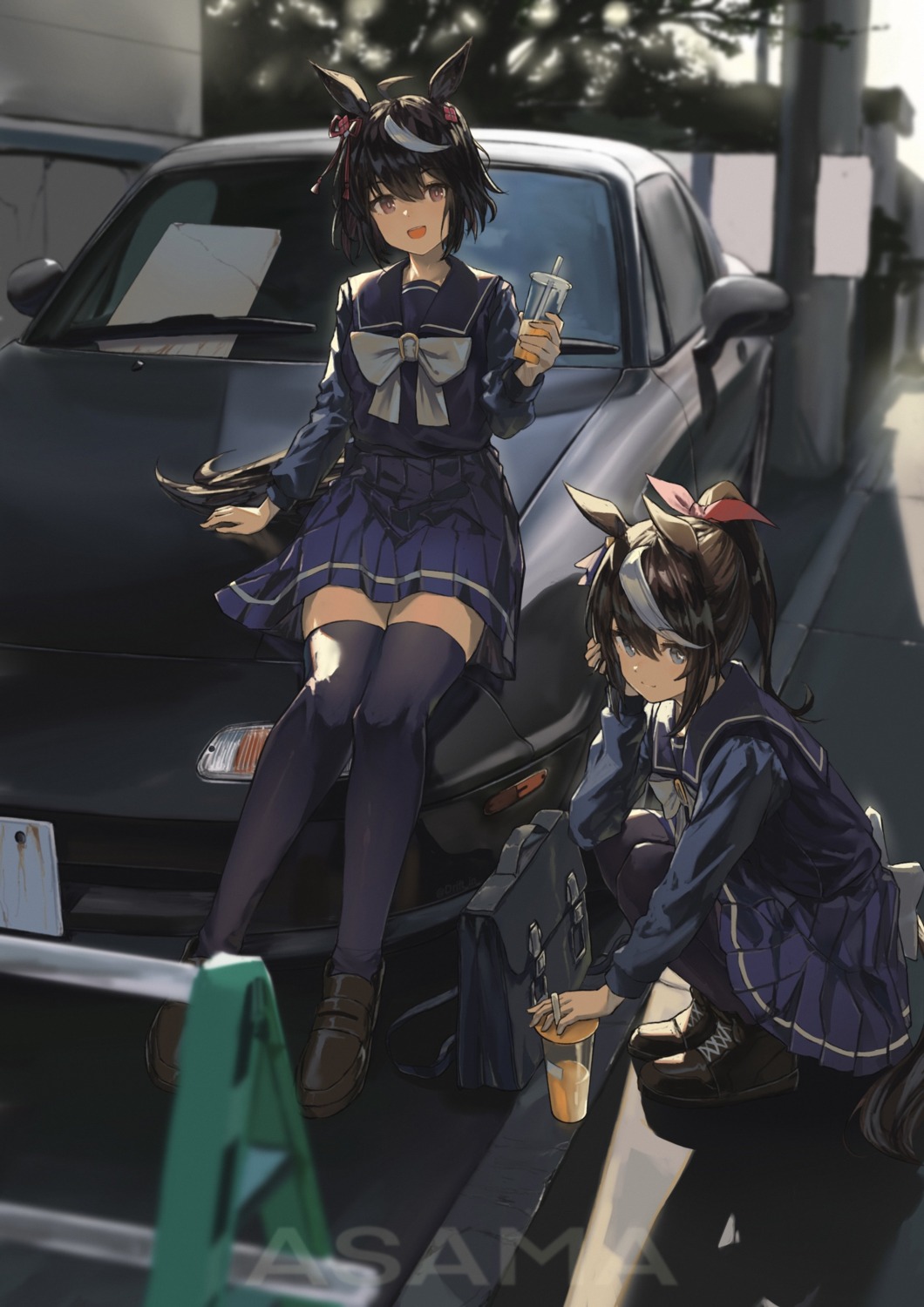 animal_ears, asama_(drift_in), kitasan_black_(umamusume), seifuku, skirt_lift, tail, thighhighs, tokai_teio_(umamusume), uma_musume_pretty_derby