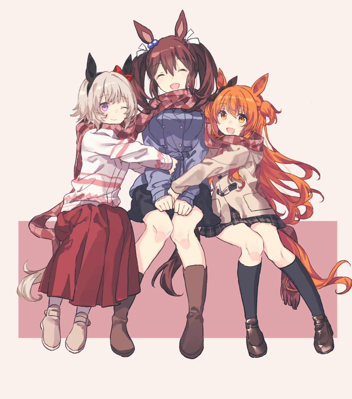 animal_ears, curren_chan_(umamusume), gocoli, hishi_akebono_(umamusume), mayano_top_gun_(umamusume), seifuku, skirt_lift, sweater