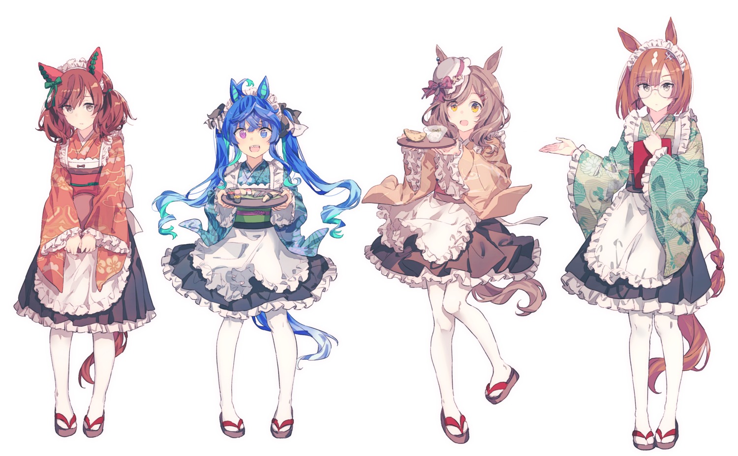 animal_ears, gocoli, heterochromia, ikuno_dictus_(umamusume), maid, matikane_tannhauser_(umamusume), megane, nice_nature_(umamusume)