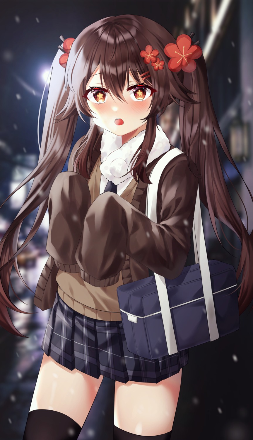 educk, genshin_impact, hu_tao, seifuku, sweater, thighhighs