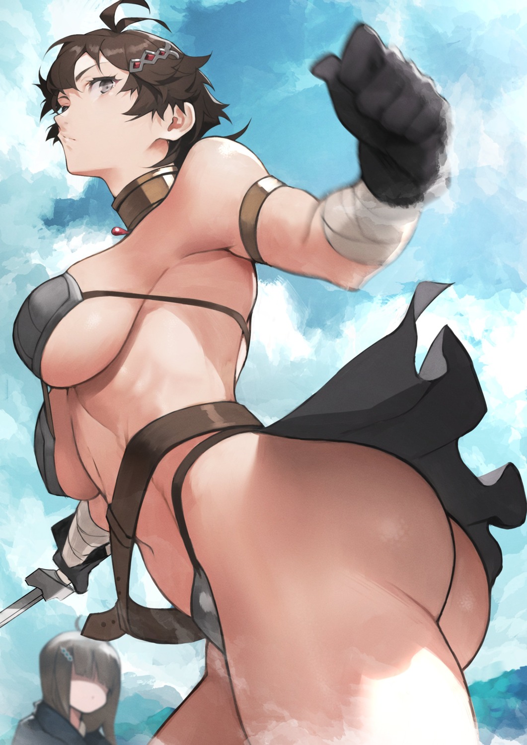 armor, ass, bandages, bikini_armor, mushoku_tensei, sherra, skirt_lift, sword, thong, vierra, yoshio_(55level)