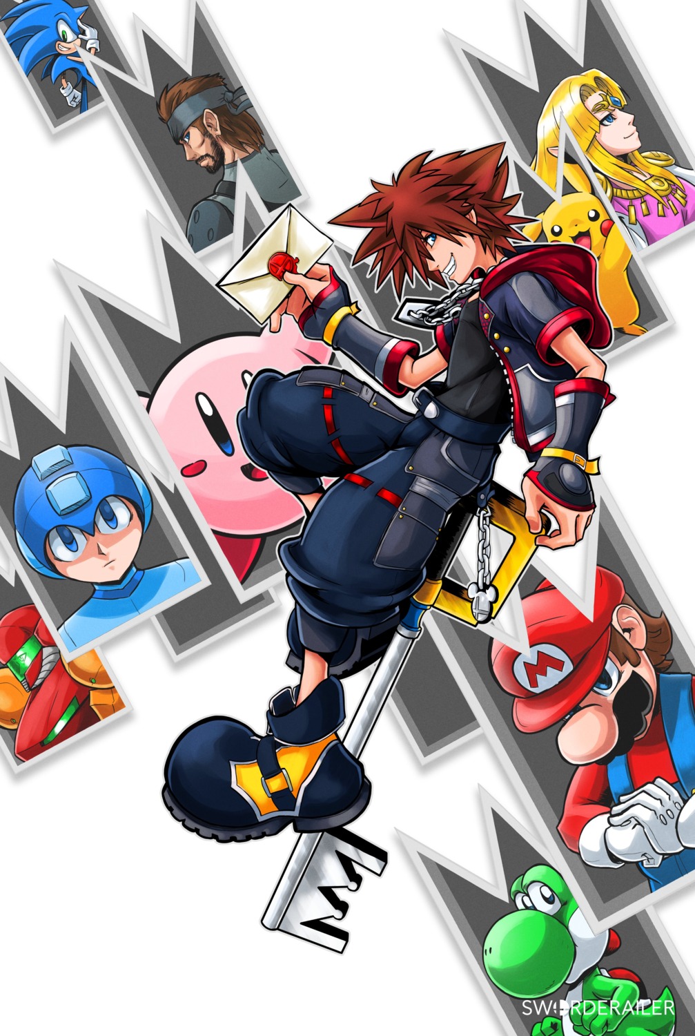 armor, crossover, kingdom_hearts, kirby, kirby_(character), mario, mario_bros., mega_man, metal_gear, metal_gear_solid, metroid, miguel, pokemon, princess_zelda, samus_aran, solid_snake, sonic, sonic_(character), sora_(kingdom_hearts), super_smash_bros., tail, the_legend_of_zelda, the_legend_of_zelda:_a_link_between_worlds, weapon, yoshi
