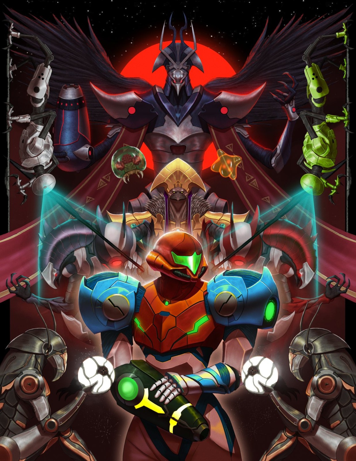 armor, bodysuit, e.m.m.i., metroid, metroid_(creature), metroid_dread, quiet_robe, raven_beak, samus_aran, weapon, werupz, x_(metroid)