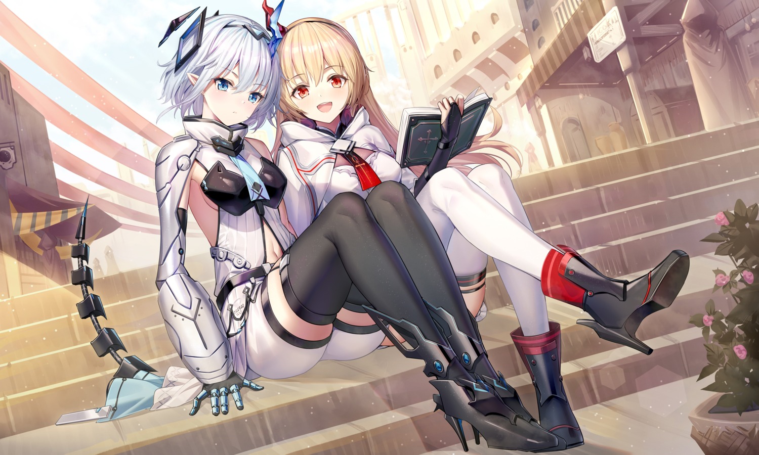 garter, heels, mecha_musume, pointy_ears, ririko_(zhuoyandesailaer), tail, thighhighs