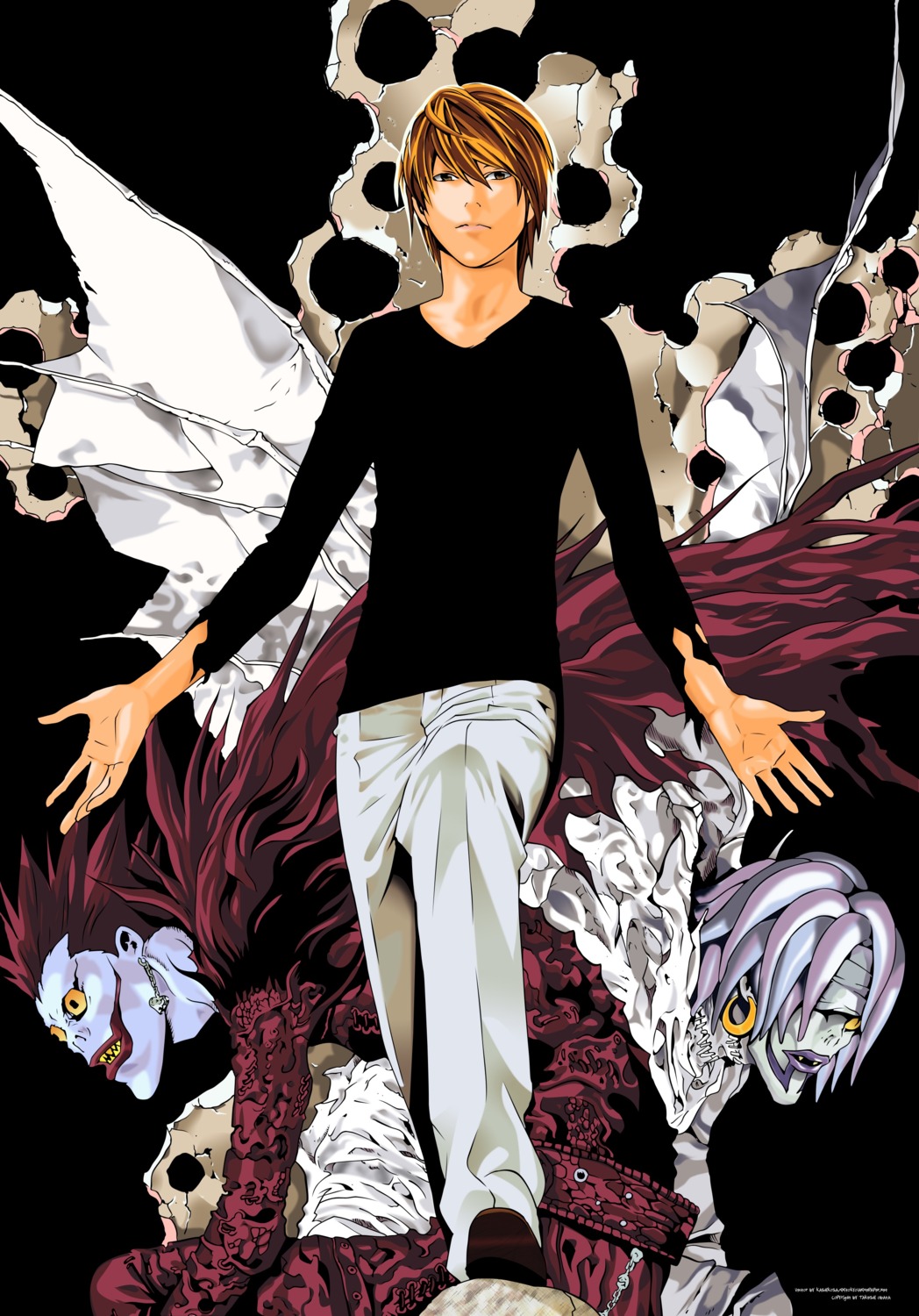 death_note, obata_takeshi, rem, ryuk, vector_trace, watermark, yagami_light