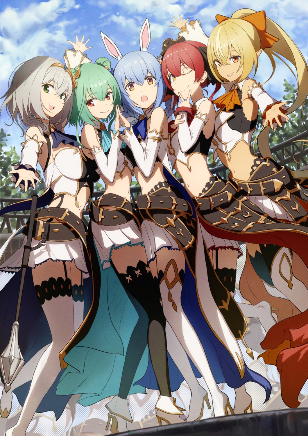 animal_ears, bunny_ears, elf, heels, hololive, houshou_marine, ichi_yoshida, no_bra, pointy_ears, shiranui_flare, shirogane_noel, skirt_lift, thighhighs, uniform, uruha_rushia, usada_pekora, weapon