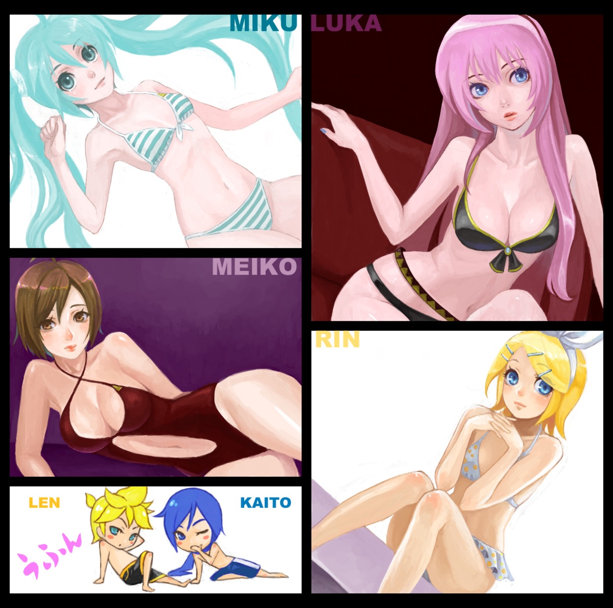 acha, bikini, hatsune_miku, kagamine_len, kagamine_rin, kaito, megurine_luka, meiko, swimsuits, vocaloid