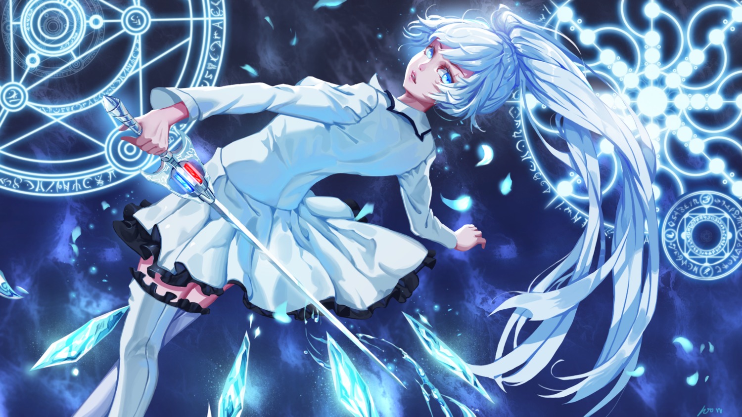 rwby, skirt_lift, sword, thighhighs, wallpaper, wangxiii, weiss_schnee