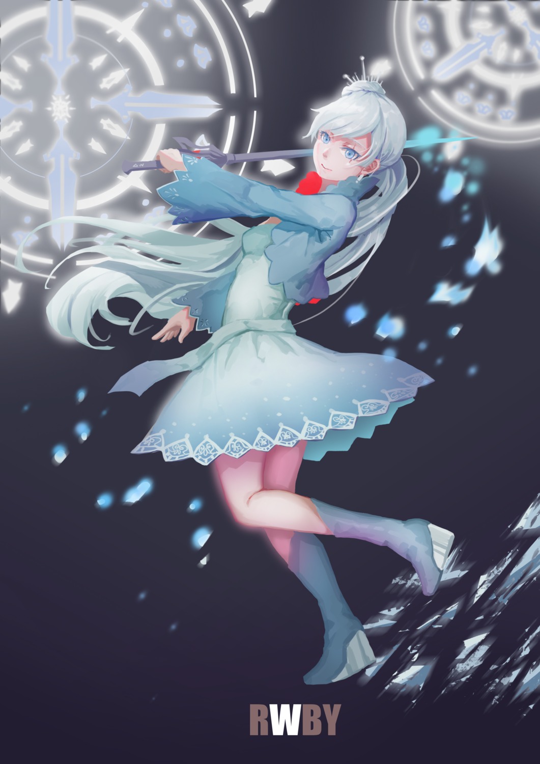 dress, heels, rwby, skirt_lift, sword, wangxiii, weiss_schnee