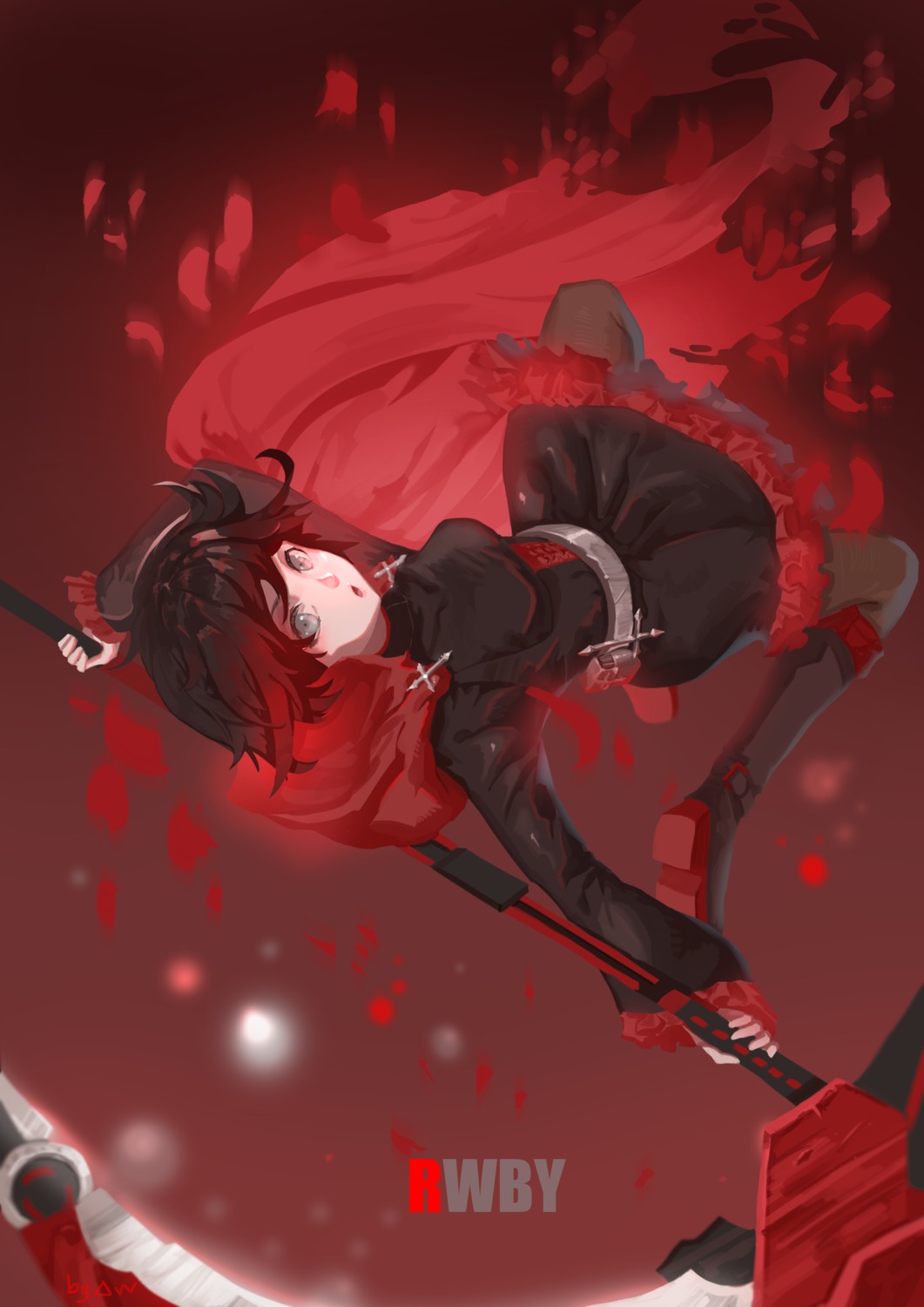 ruby_rose, rwby, skirt_lift, wangxiii, weapon