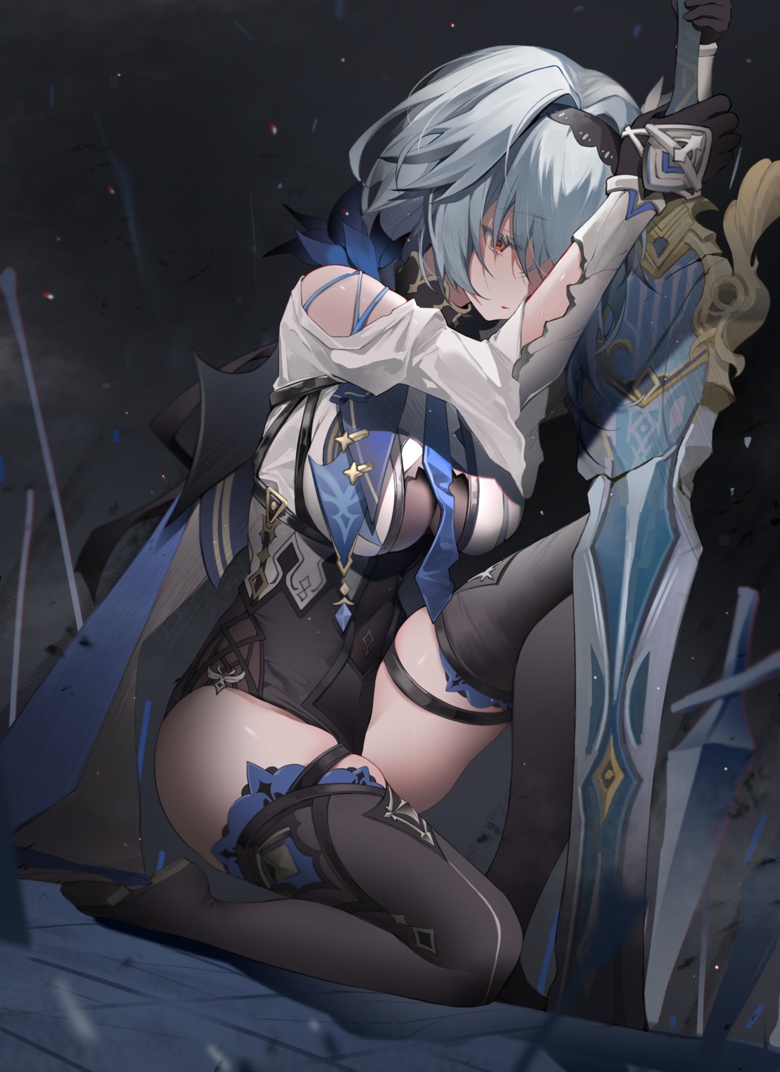 eula, garter, genshin_impact, shiro_kanae, sword, thighhighs