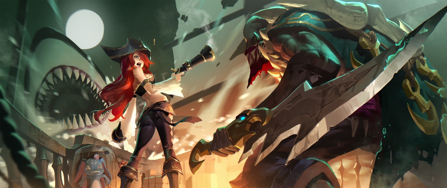 ass, gun, league_of_legends, miss_fortune, pirate, pyke_(league_of_legends), rekaerb_maerd, sword