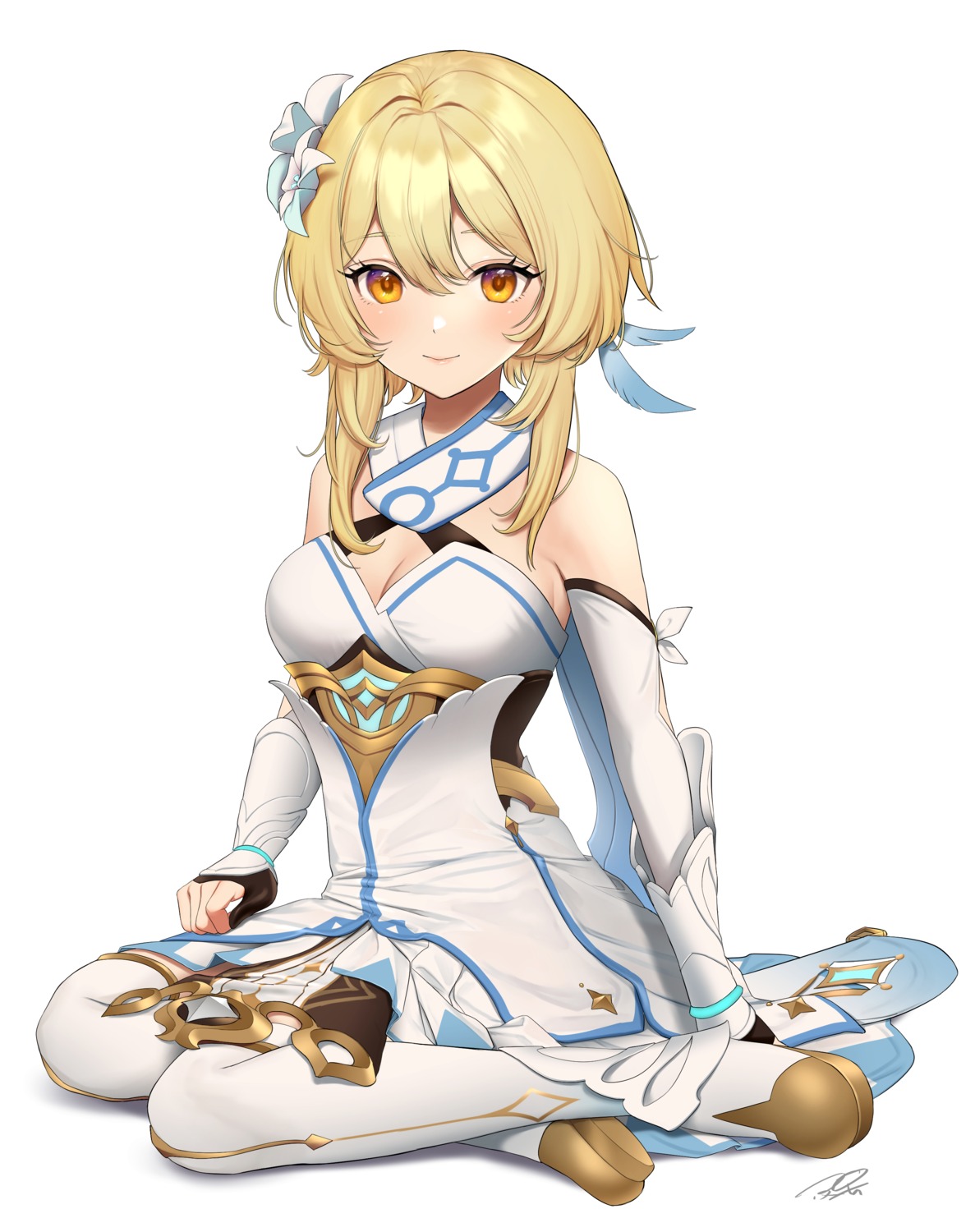 cleavage, dress, genshin_impact, lumine, puchiman, thighhighs
