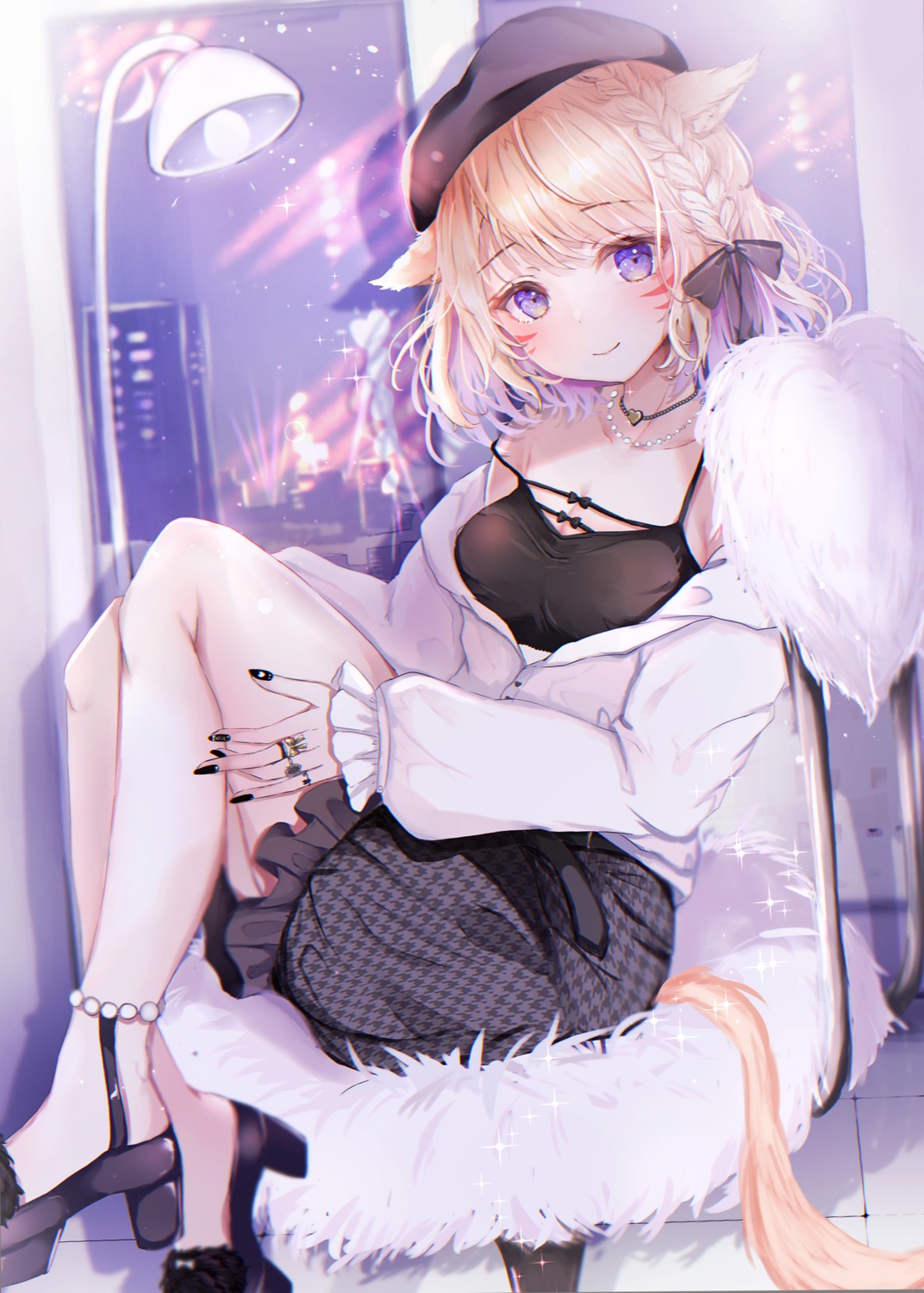 animal_ears, cleavage, final_fantasy, final_fantasy_xiv, heels, miqo'te, sakura_mochiko, skirt_lift