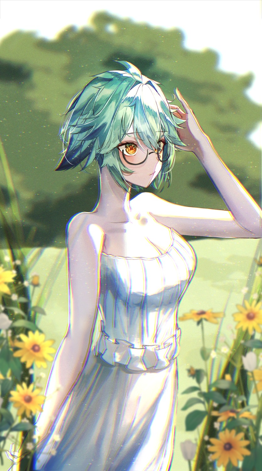 cleavage, dress, genshin_impact, megane, merryj, no_bra, sucrose, summer_dress