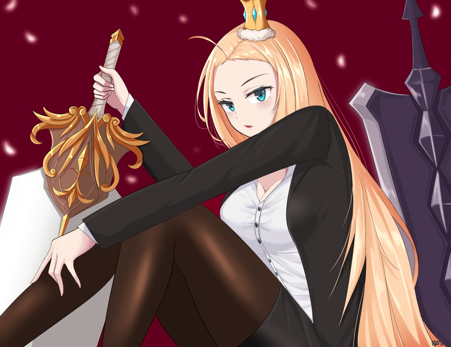 business_suit, charlotte_(epic7), cleavage, epic7, pantyhose, sword, twomoon