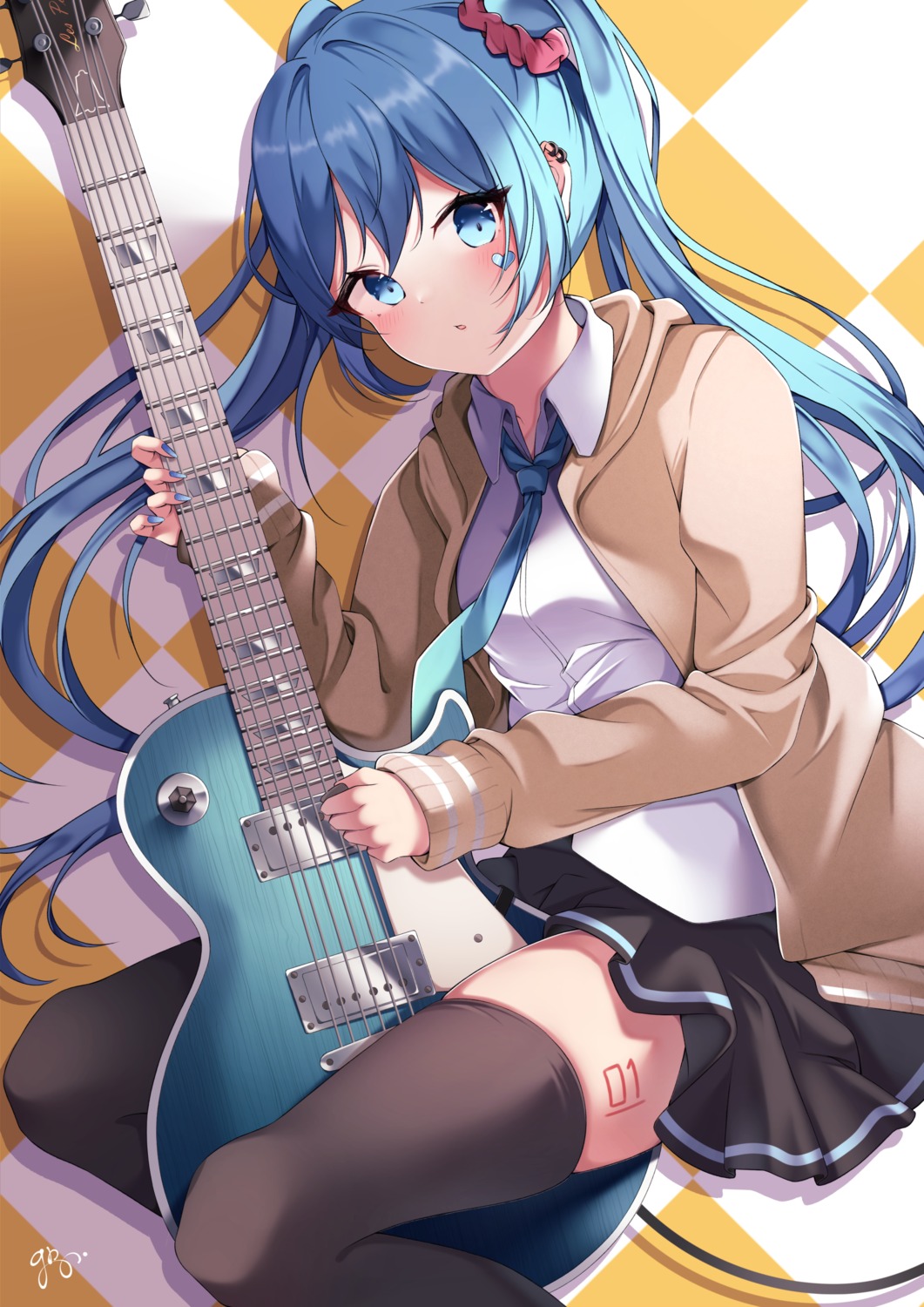 gri, guitar, guri_(gri1211), hatsune_miku, skirt_lift, sweater, tattoo, thighhighs