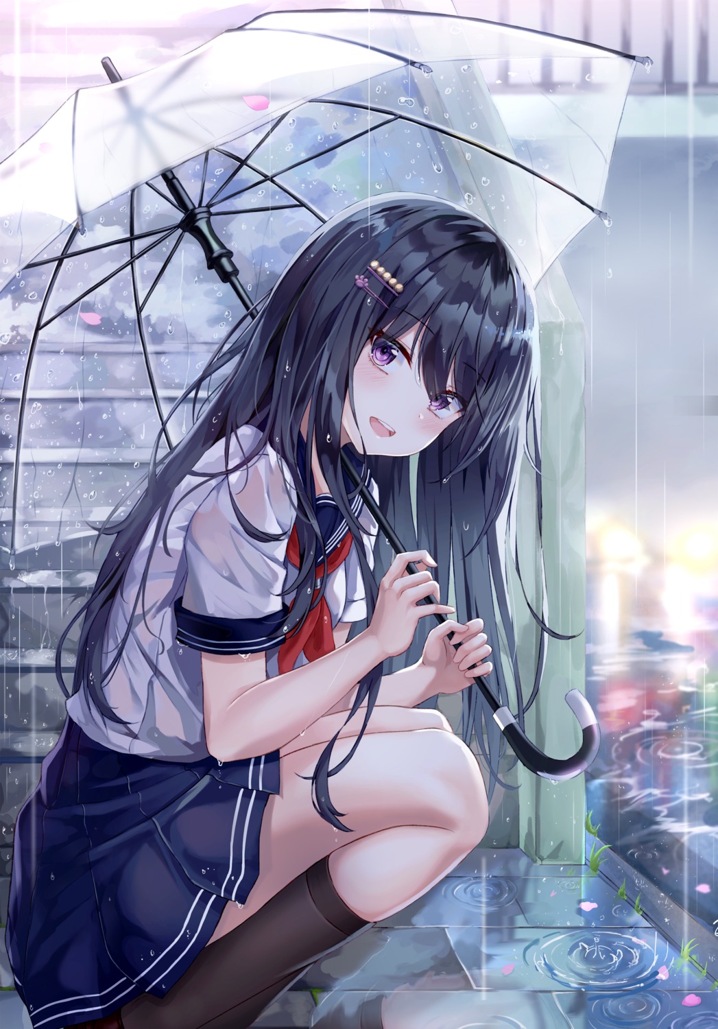 lkeris, see_through, seifuku, skirt_lift, umbrella, wet, wet_clothes