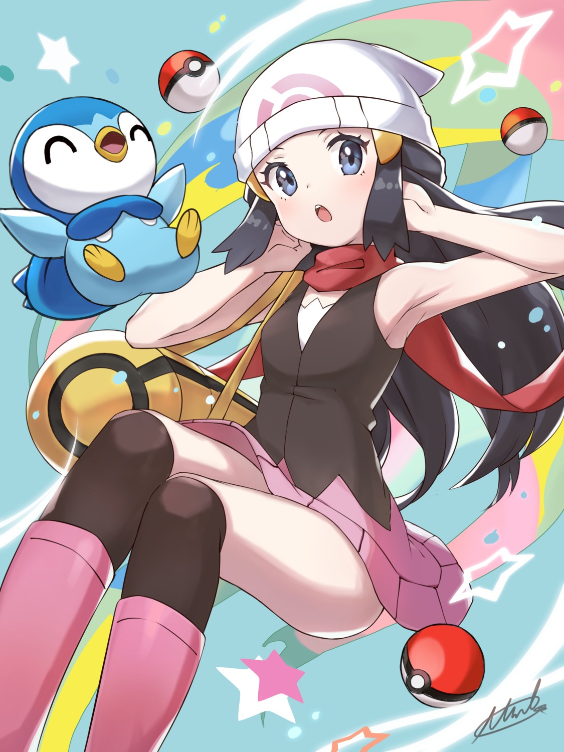 hikari_(pokemon), miko_no_kamiko, piplup, pokemon, pokemon_bdsp, pokemon_dppt, skirt_lift, thighhighs