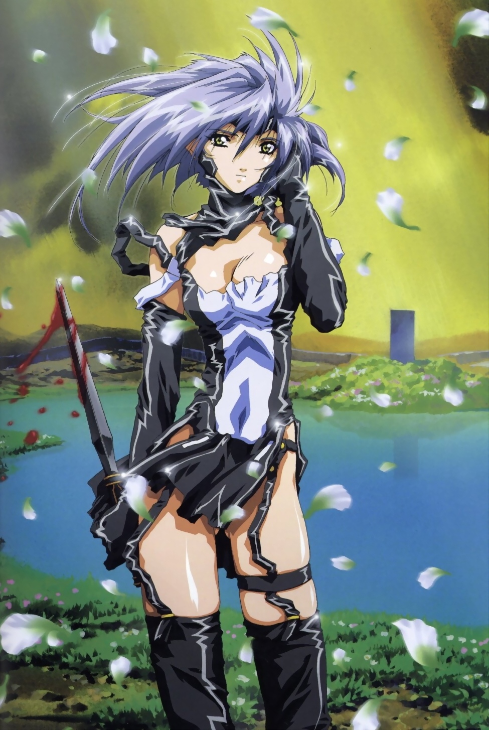 blood, cleavage, dress, exodus_guilty, garter, garter_belt, laliela, stockings, sword, tajima_nao, thighhighs