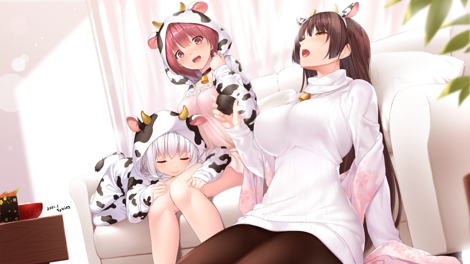 animal_ears, chobipero, horns, pajama, pantyhose, sweater, tail, tenka_hyakken