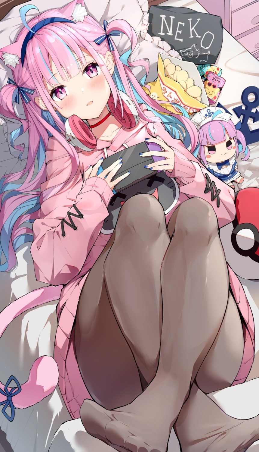 animal_ears, chibi, darjeeling_(reley), feet, headphones, hololive, minato_aqua, nekomimi, pantyhose