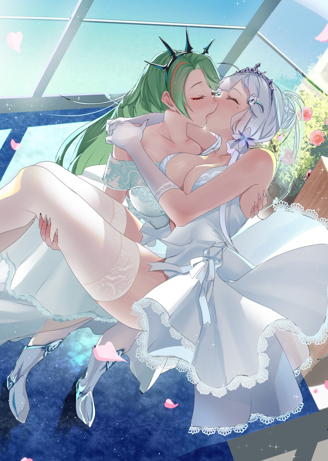 azur_lane, dress, illustrious_(azur_lane), littorio_(azur_lane), monobe, no_bra, skirt_lift, thighhighs