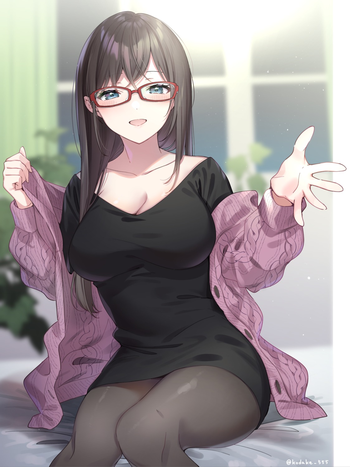 cleavage, dress, megane, pantyhose, skirt_lift, sweater, takeko_spla, undressing