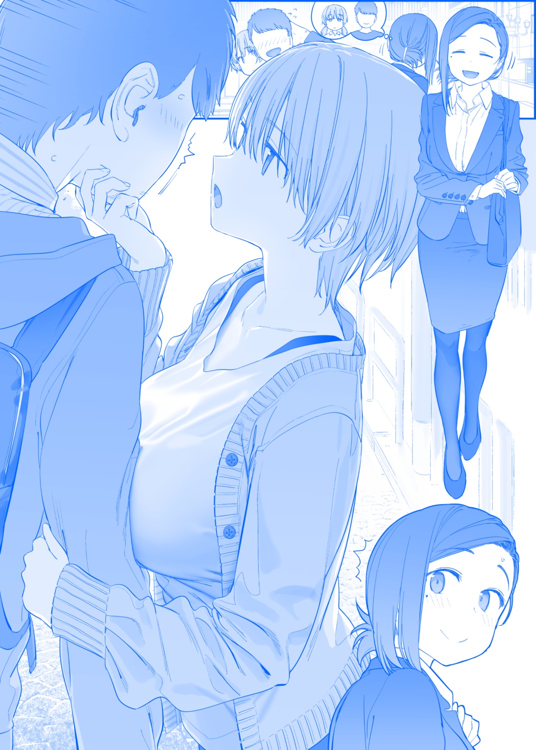 business_suit, getsuyoubi_no_tawawa, gimai-chan, himura_kiseki, kouhai-chan_(getsuyoubi_no_tawawa), monochrome, pantyhose, sweater