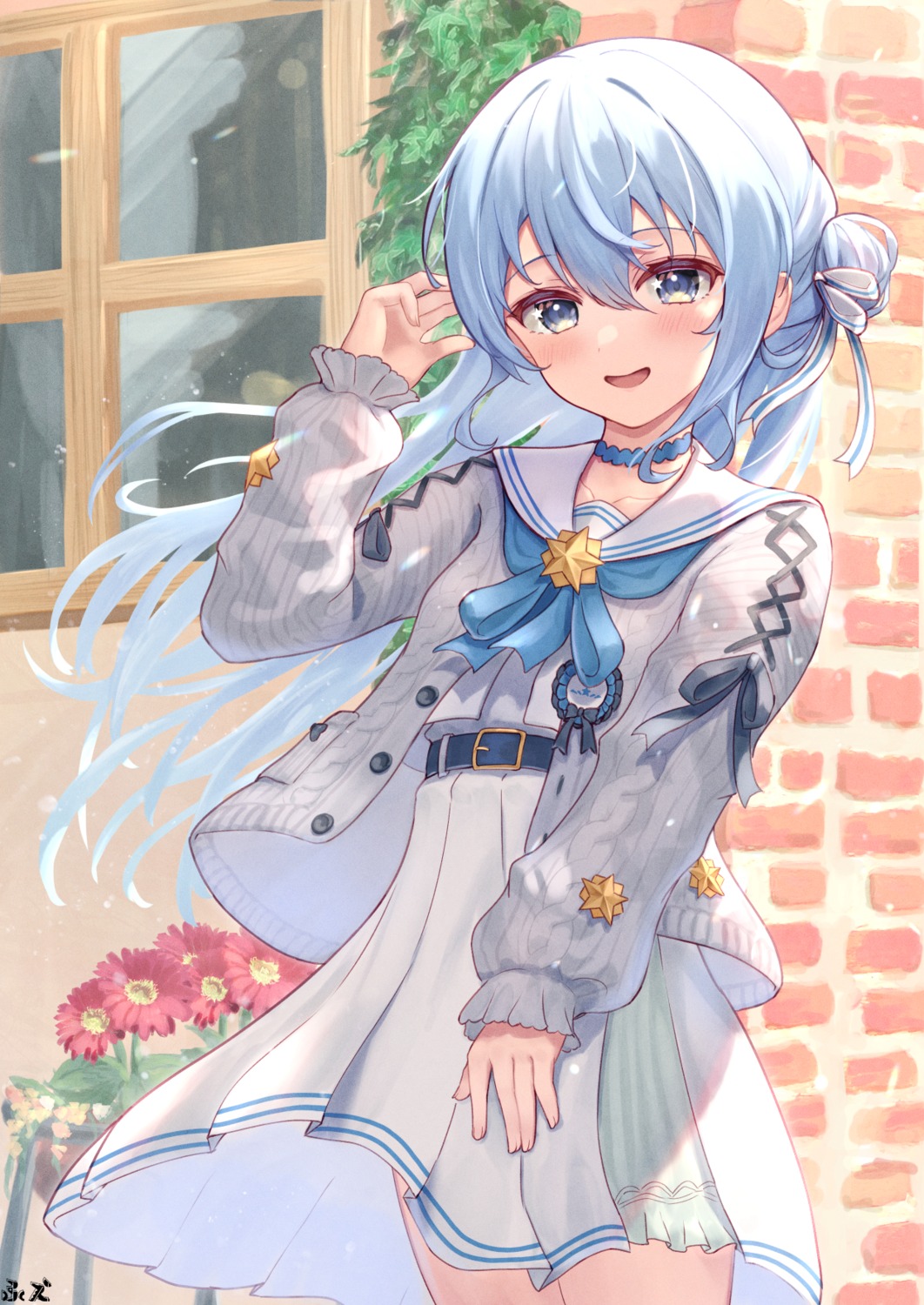 fue_(lars0713), hololive, hoshimachi_suisei, seifuku, skirt_lift, sweater