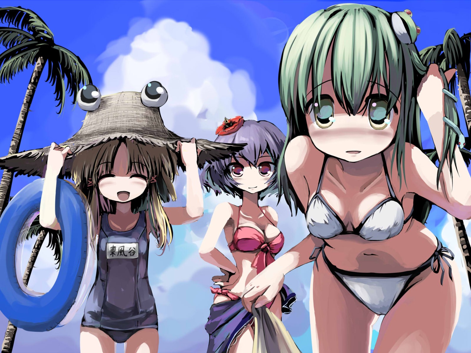 bikini, cleavage, gatau, kochiya_sanae, moriya_suwako, school_swimsuit, swimsuits, touhou, wallpaper, yasaka_kanako