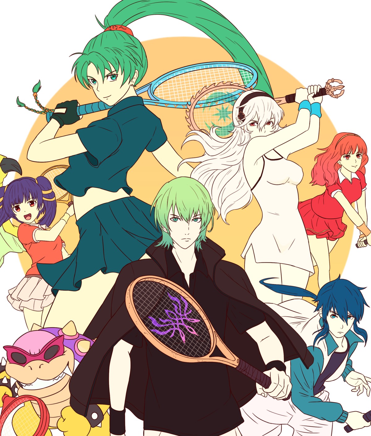 byleth_(fire_emblem), celica_(fire_emblem), corrin_(fire_emblem)_(female), crossover, dress, fire_emblem, fire_emblem:_rekka_no_ken, fire_emblem:_seima_no_kouseki, fire_emblem:_seisen_no_keifu, fire_emblem_echoes, fire_emblem_if, fire_emblem_three_houses, gym_uniform, kamui_(fire_emblem), lyndis_(fire_emblem), mario_bros., myrrh_(fire_emblem), seliph, skirt_lift, tennis, truejekart