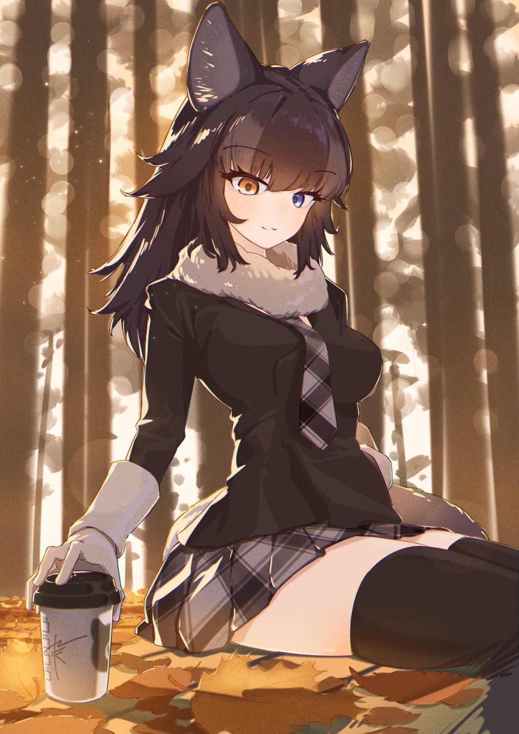910m27r, animal_ears, grey_wolf, heterochromia, kemono_friends, seifuku, tail, thighhighs