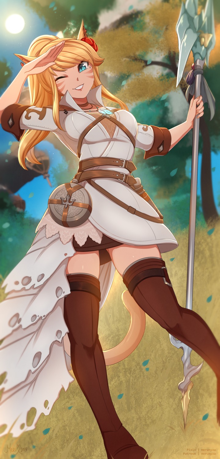 animal_ears, final_fantasy, final_fantasy_xiv, kaiyoko_star, merunyaa, miqo'te, nekomimi, tail, thighhighs, weapon