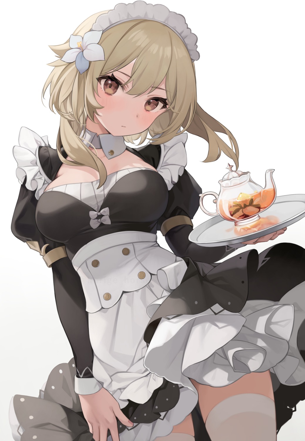 genshin_impact, kurige_horse, lumine, maid, skirt_lift, thighhighs