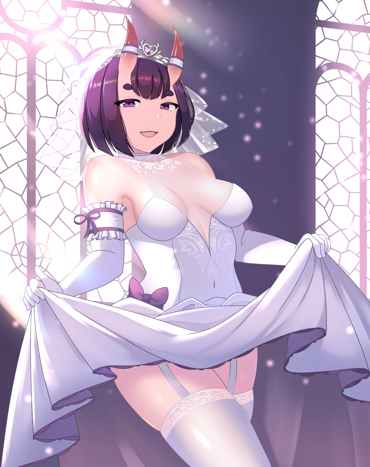 dress, fate/grand_order, horns, jifuwabe, no_bra, see_through, shuten_douji_(fate), skirt_lift, stockings, thighhighs, wedding_dress