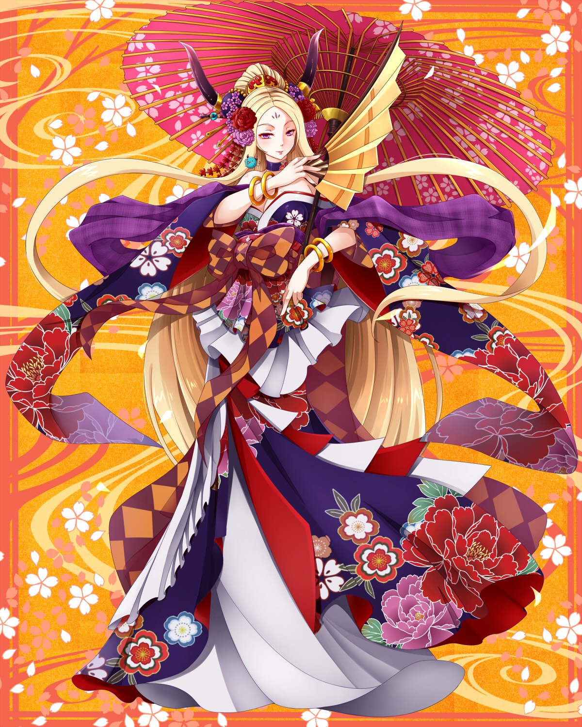 aata1007, horns, japanese_clothes, kaku-san-sei_million_arthur, no_bra, umbrella