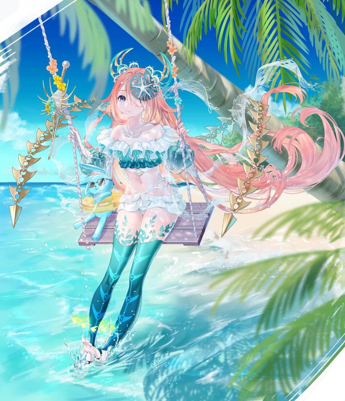 akashic_chronicle, anna_(akashic_chronicle), horns, kotosuzu, swimsuits, thighhighs, wet