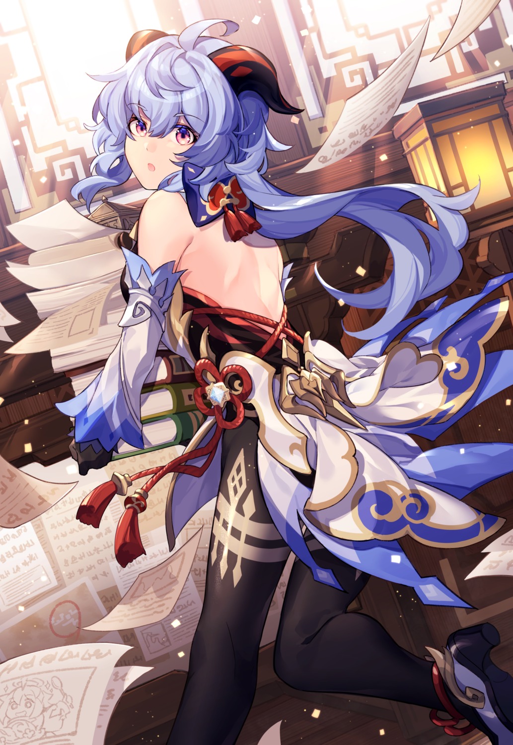 asian_clothes, ganyu, genshin_impact, heels, hizuki_miya, horns, no_bra, skirt_lift