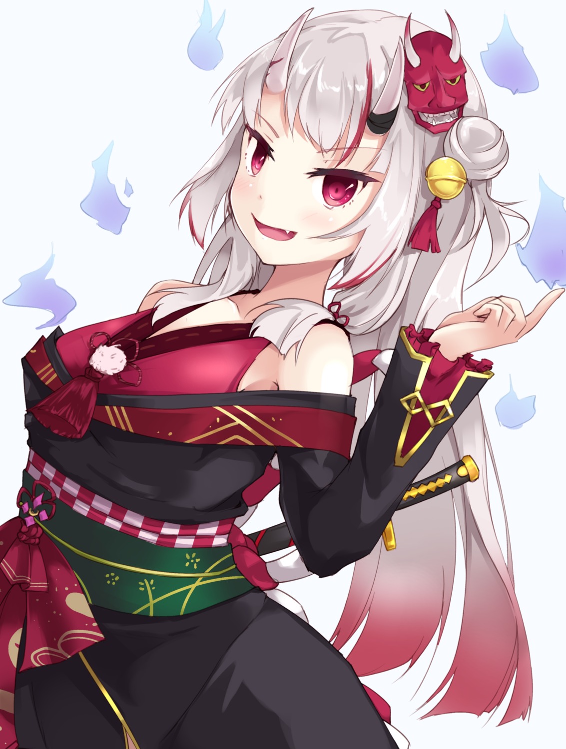 hololive, horns, japanese_clothes, kuro_(be_ok), nakiri_ayame, sword