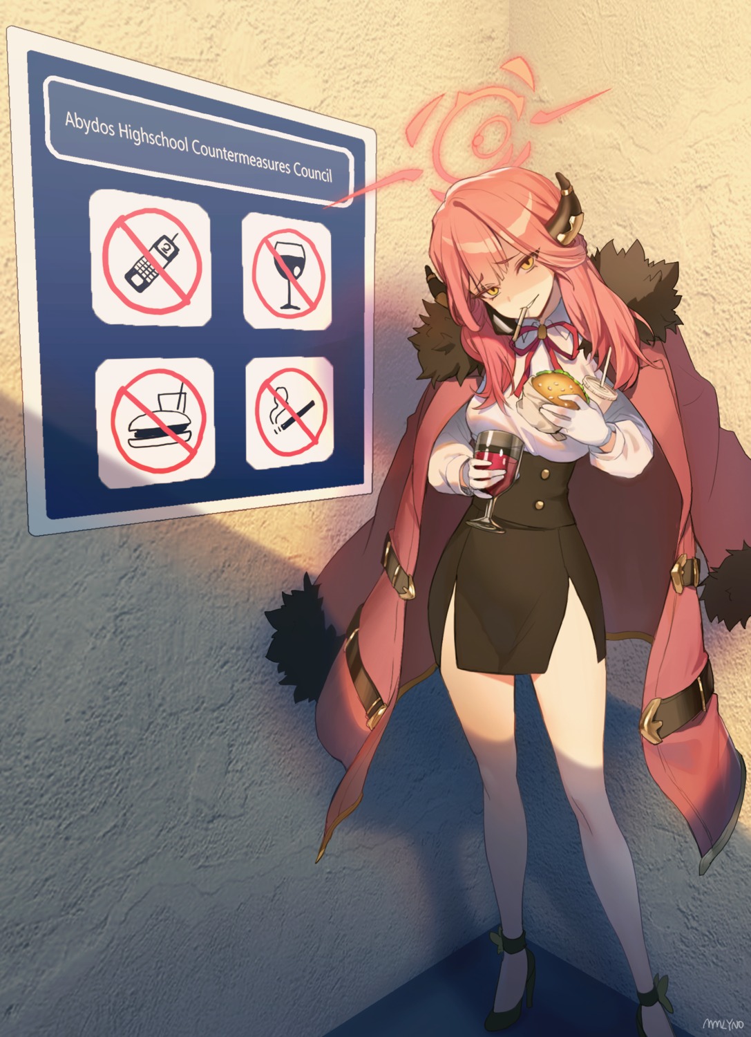 blue_archive, dress_shirt, halo, heels, horns, mmlyno, rikuhachima_aru, smoking