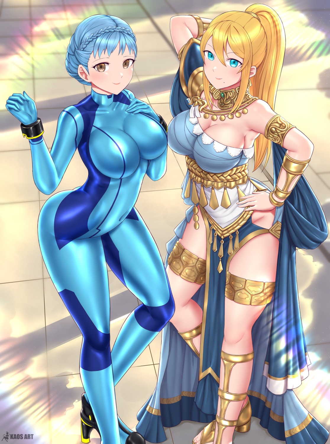 ass, bodysuit, cleavage, cosplay, fire_emblem, fire_emblem_three_houses, garter, heels, kaos_art, marianne_von_edmund, metroid, no_bra, samus_aran
