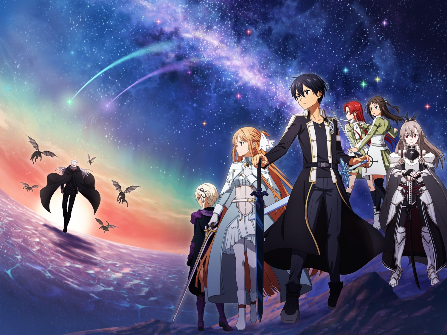 armor, asuna_(sword_art_online), eydis, kirito, ronye_arabel, sword, sword_art_online, tagme, thighhighs, tieze_shtolienen, uniform